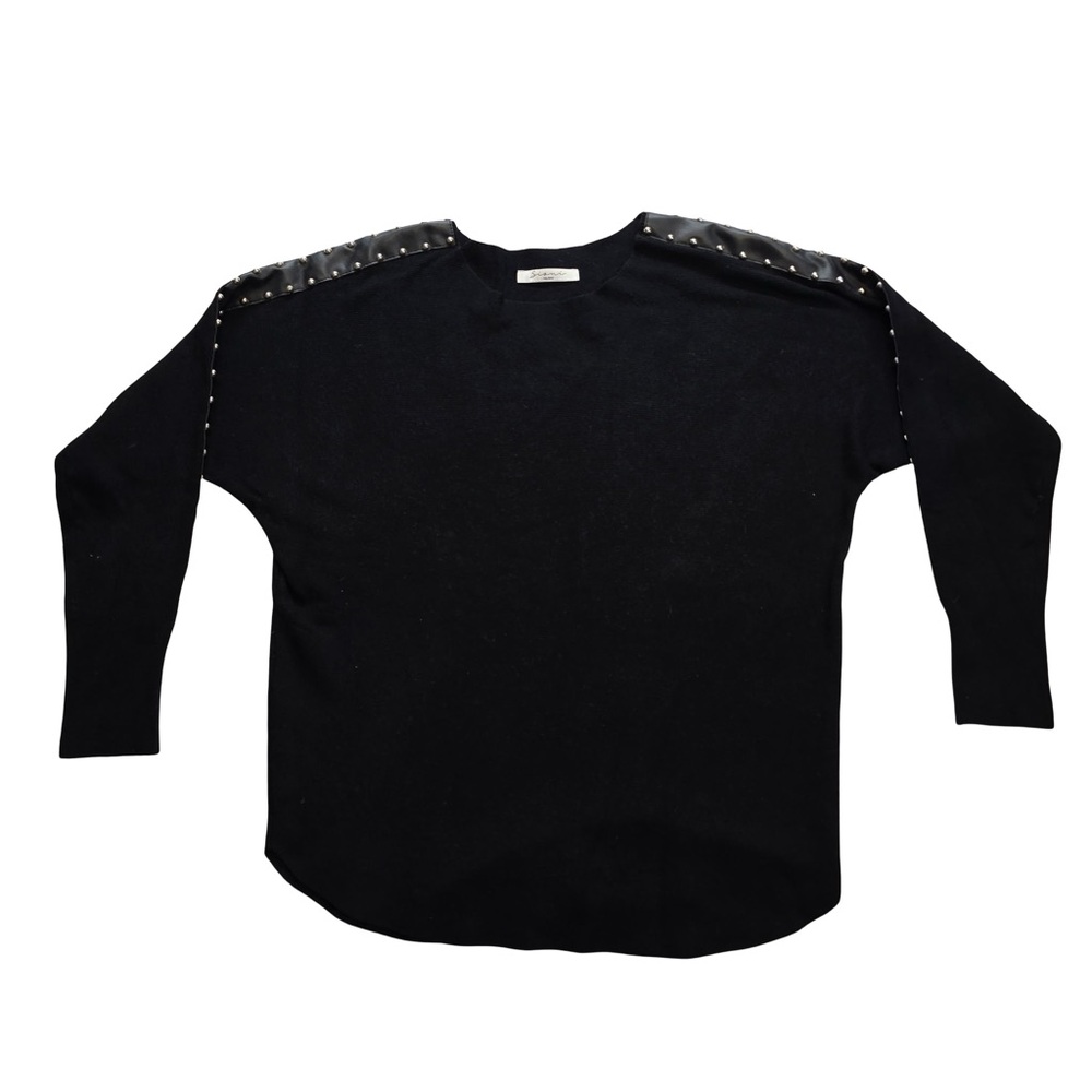 Sioni Milano Black Studded Shoulder Knit Top‎ Modern Chic Womens Sweater